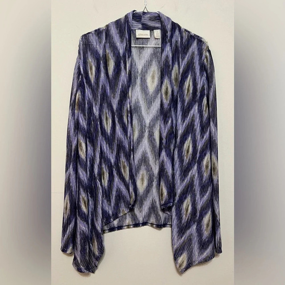 Chicos Open Cardigan Sweater Womens Large Purple Ikat Print Mesh - Picture 13 of 14
